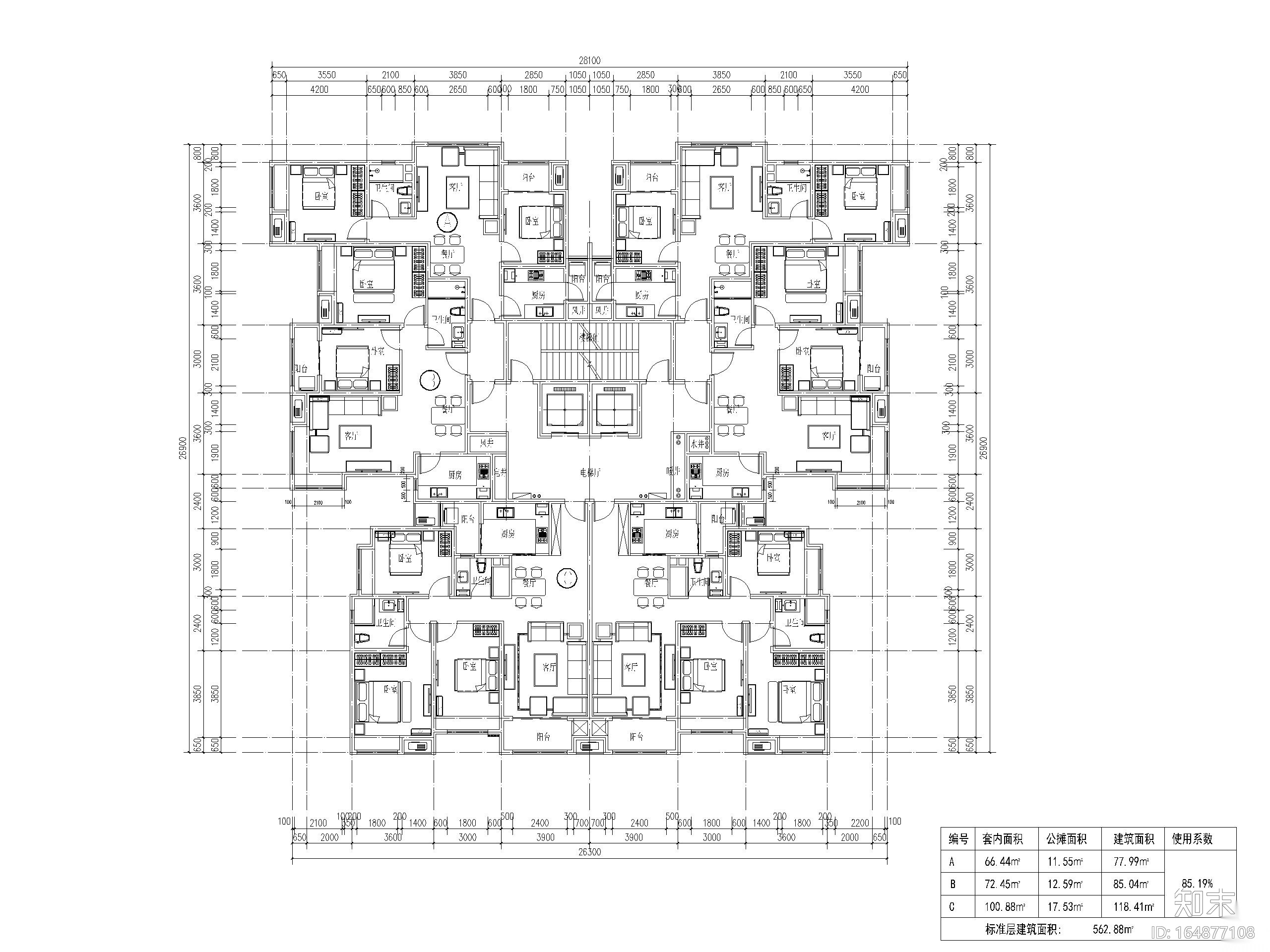 153套高层住宅三室户型图设计CADcad施工图下载【ID:164877108】