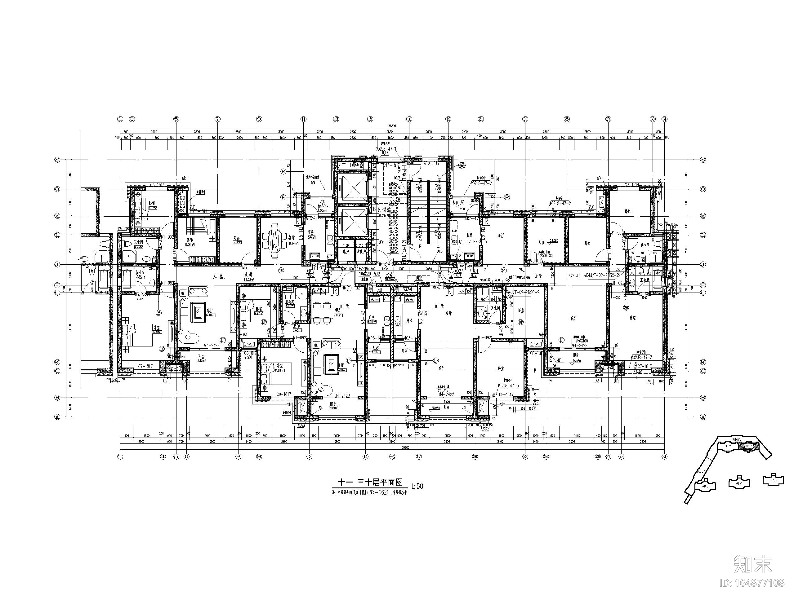 153套高层住宅三室户型图设计CADcad施工图下载【ID:164877108】