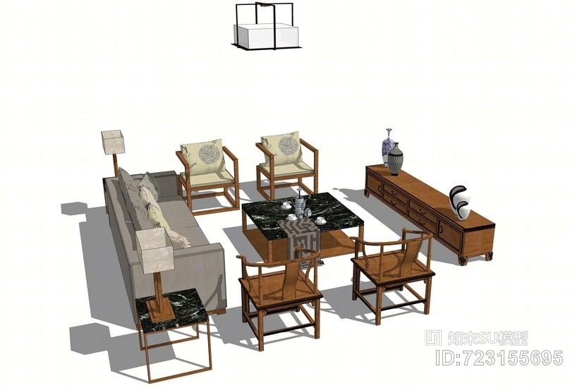 中式客厅沙发茶几电视柜吊灯组合SU模型下载【ID:723155695】
