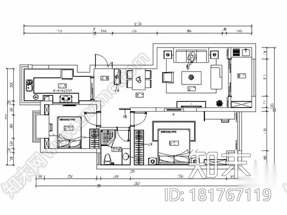 [杭州]两室两厅温馨小户型室内装修施工图（含效果图）cad施工图下载【ID:181767119】