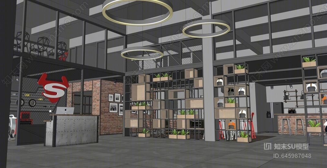 现代工业风电动车专卖店室内设计SU模型下载【ID:645987048】