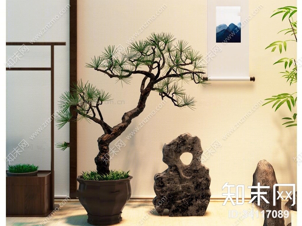 新中式植物松树盆栽假山摆件3D模型下载【ID:34117089】