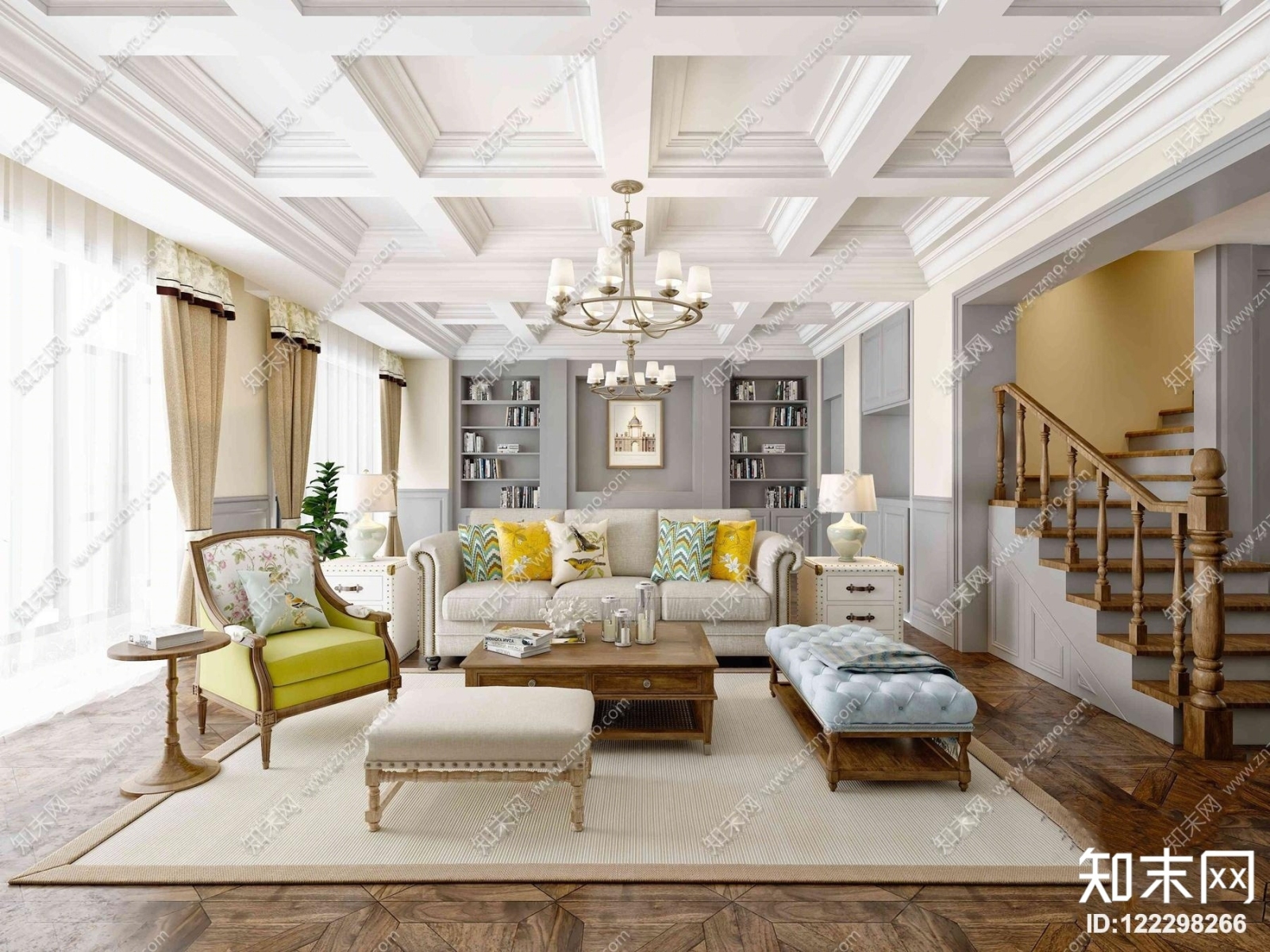 美式田园复式客厅3D模型下载【ID:122298266】