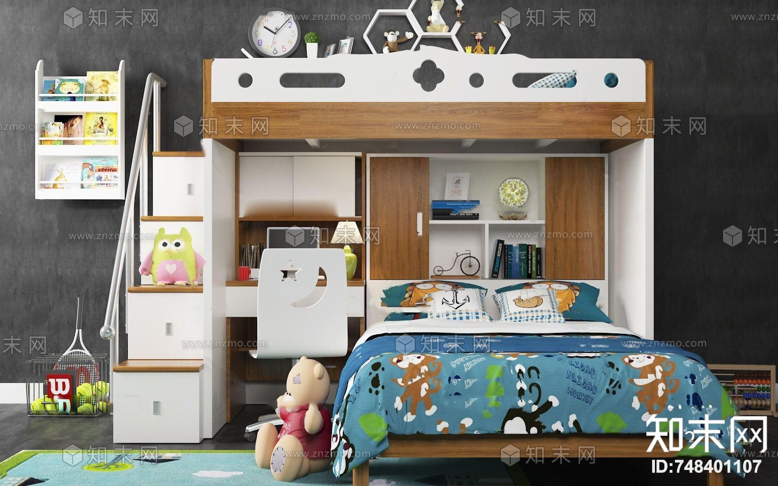 北欧上下铺儿童床3D模型下载【ID:748401107】