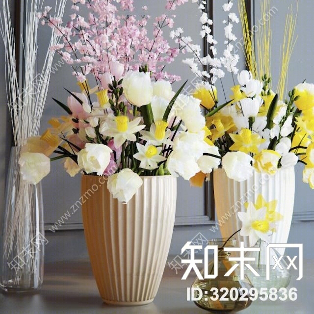 现代陶瓷花瓶玫瑰桃花插花玻璃瓶组合3D模型下载【ID:320295836】