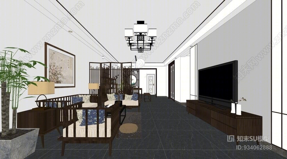 新中式客厅餐厅室内设计SU模型下载【ID:934062888】