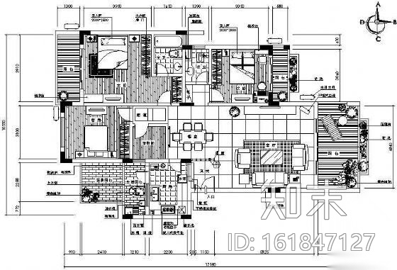 四室二厅家装室内设计装修图cad施工图下载【ID:161847127】