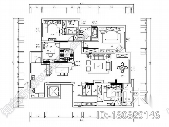 [南通]精品英式田园四居室样板间CAD装修施工图（含软装...cad施工图下载【ID:180829146】