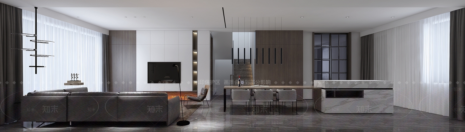 现代极简客餐厅沙发西厨移门壁炉吊灯落地灯休闲椅3D模型下载【ID:732507841】