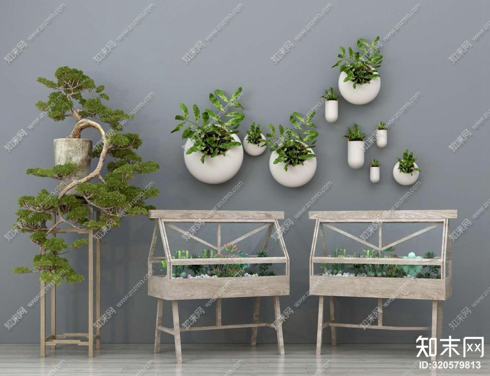 现代盆栽多肉植物松树盆景组合3D模型下载【ID:320579813】