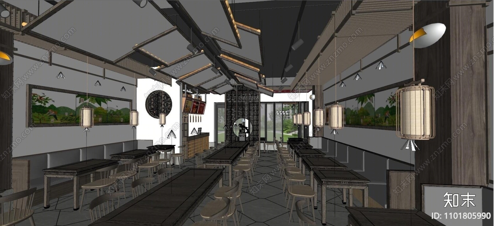 新中式火锅店SU模型下载【ID:1101805990】