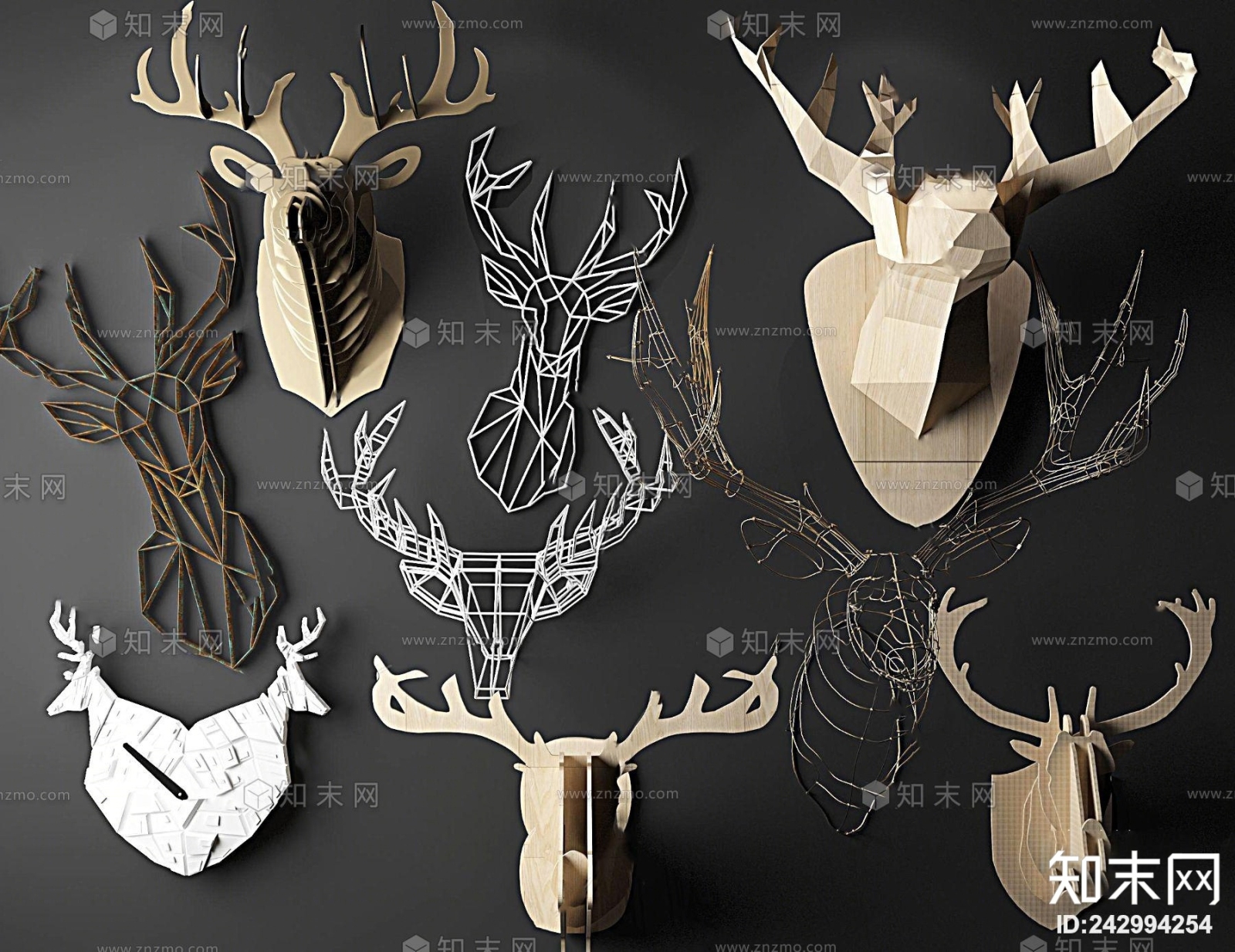 现代鹿角鹿头几何挂饰3D模型下载【ID:242994254】