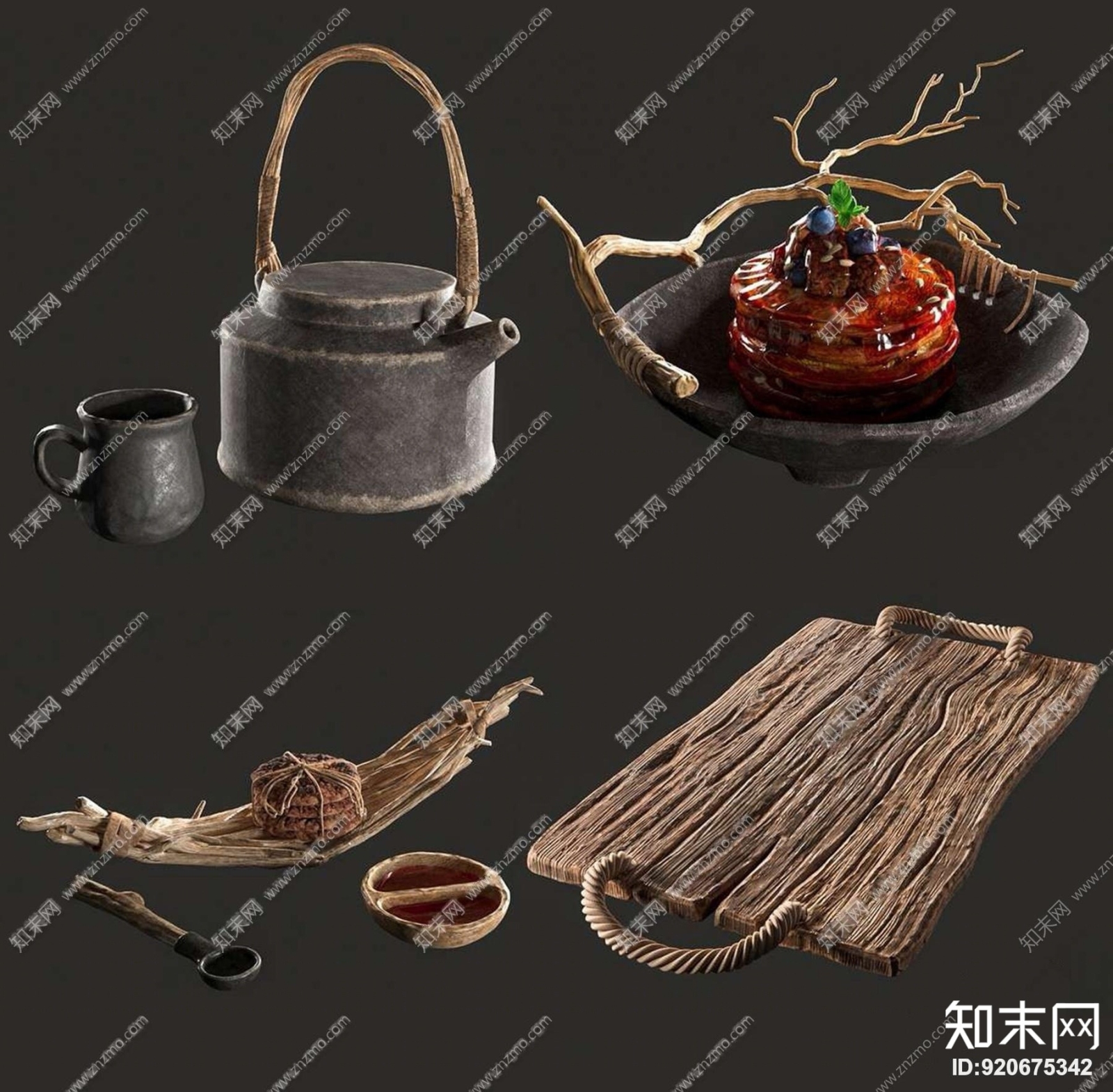 现代餐盘调羹碗茶壶茶具组合3D模型下载【ID:920675342】