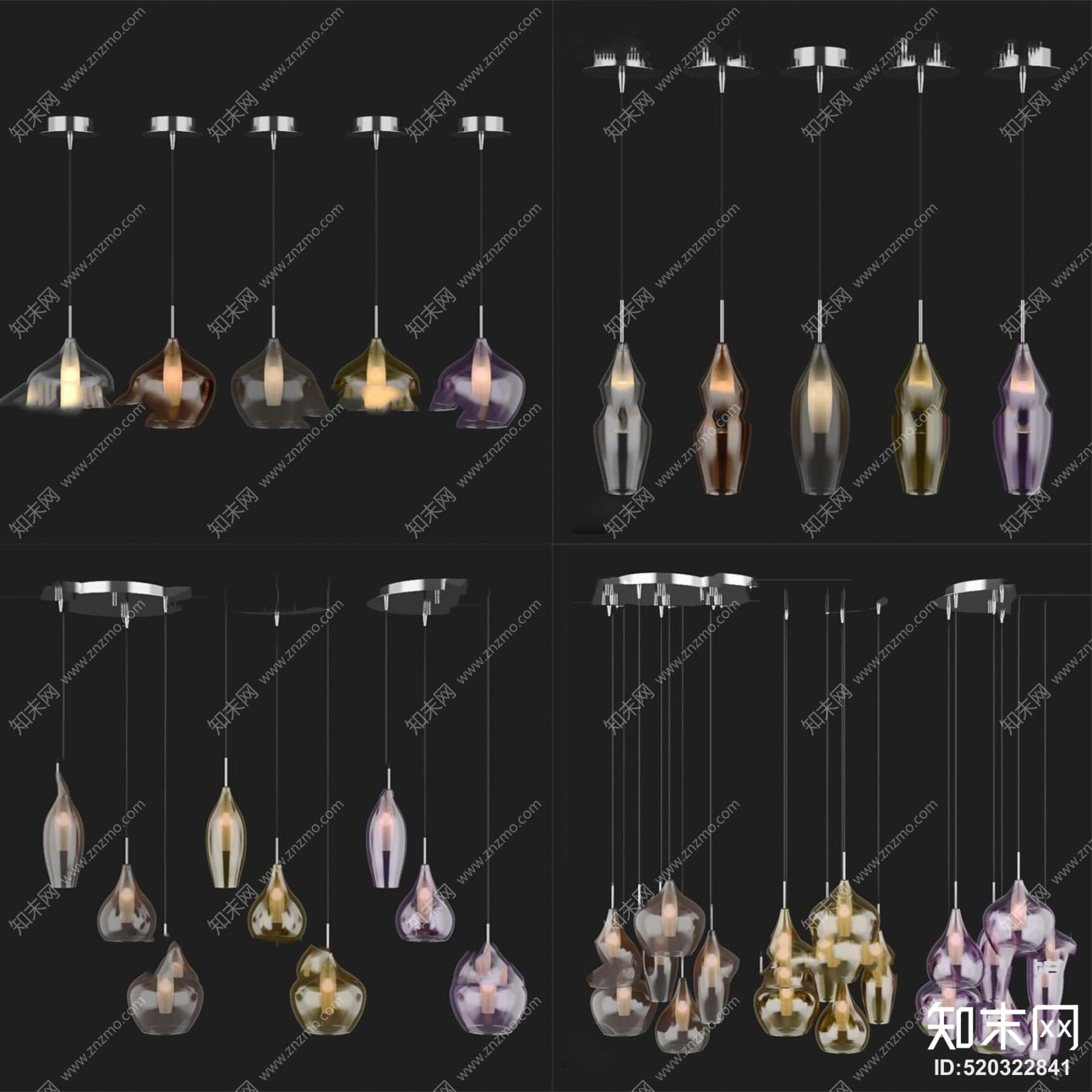 现代玻璃酒杯造型吊灯组合3D模型下载【ID:520322841】