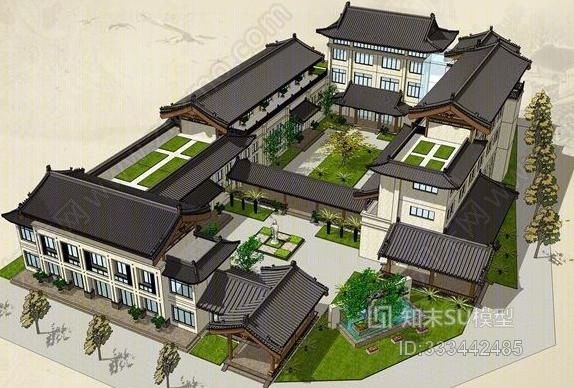 中式敦付书院SU模型下载【ID:333442485】