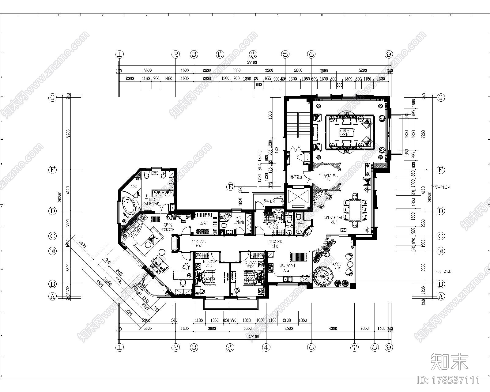 [青岛]现代欧式3居室全套CAD施工图施工图下载【ID:178537111】