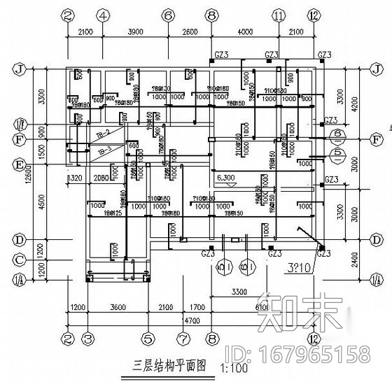 三层砌体结构别墅建筑结构施工图（坡屋面）cad施工图下载【ID:167965158】