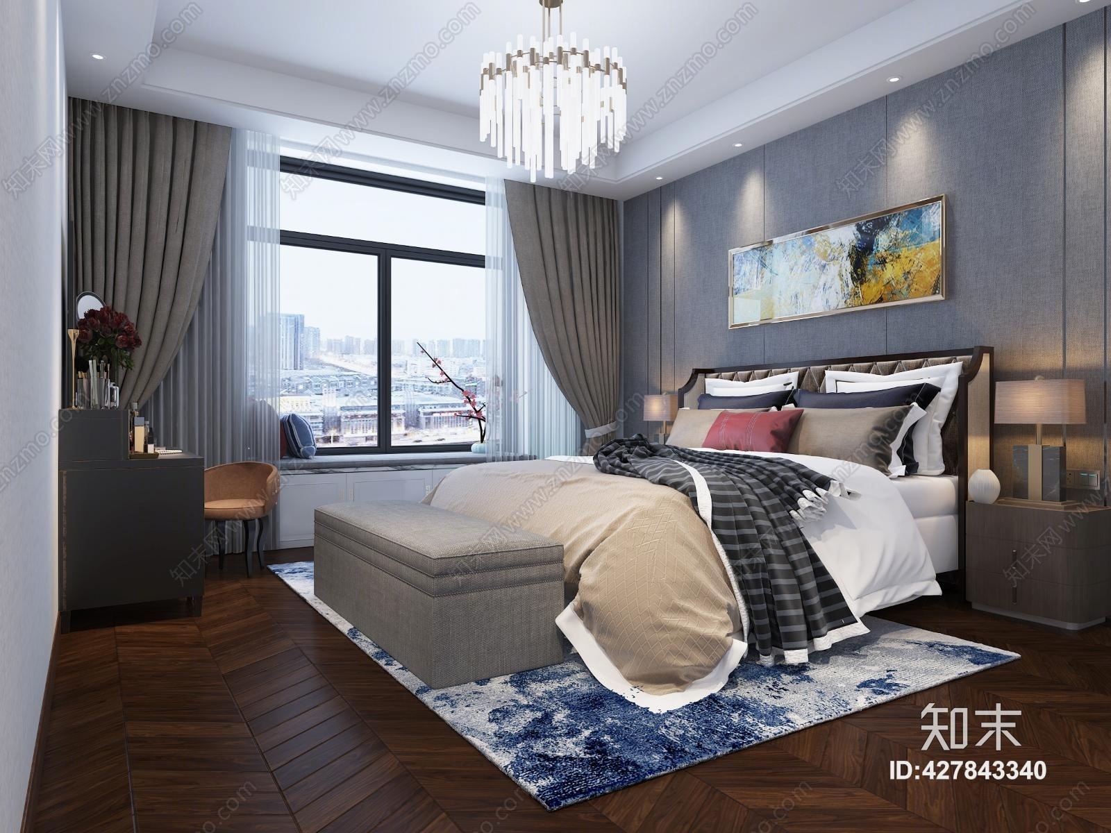 新中式主卧中式梳妆台床具灯具3D模型下载【ID:427843340】