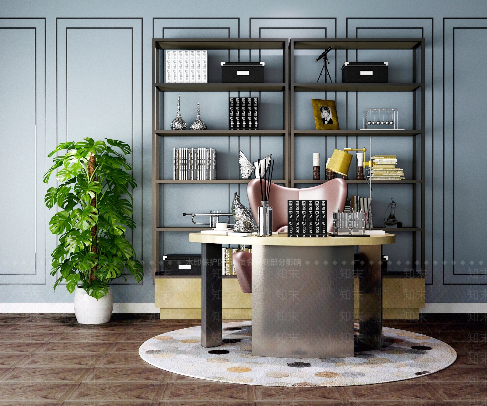 现代港式风格书桌椅书柜书架地毯组合模型3D模型下载【ID:332570730】