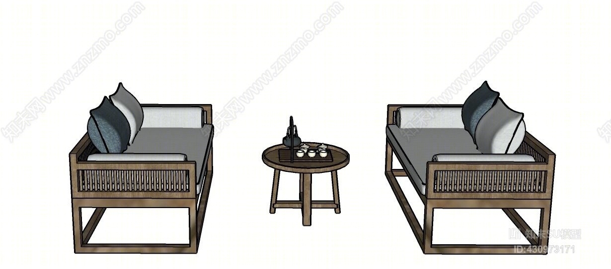 现代新中式茶室组合沙发椅子SU模型下载【ID:430973171】