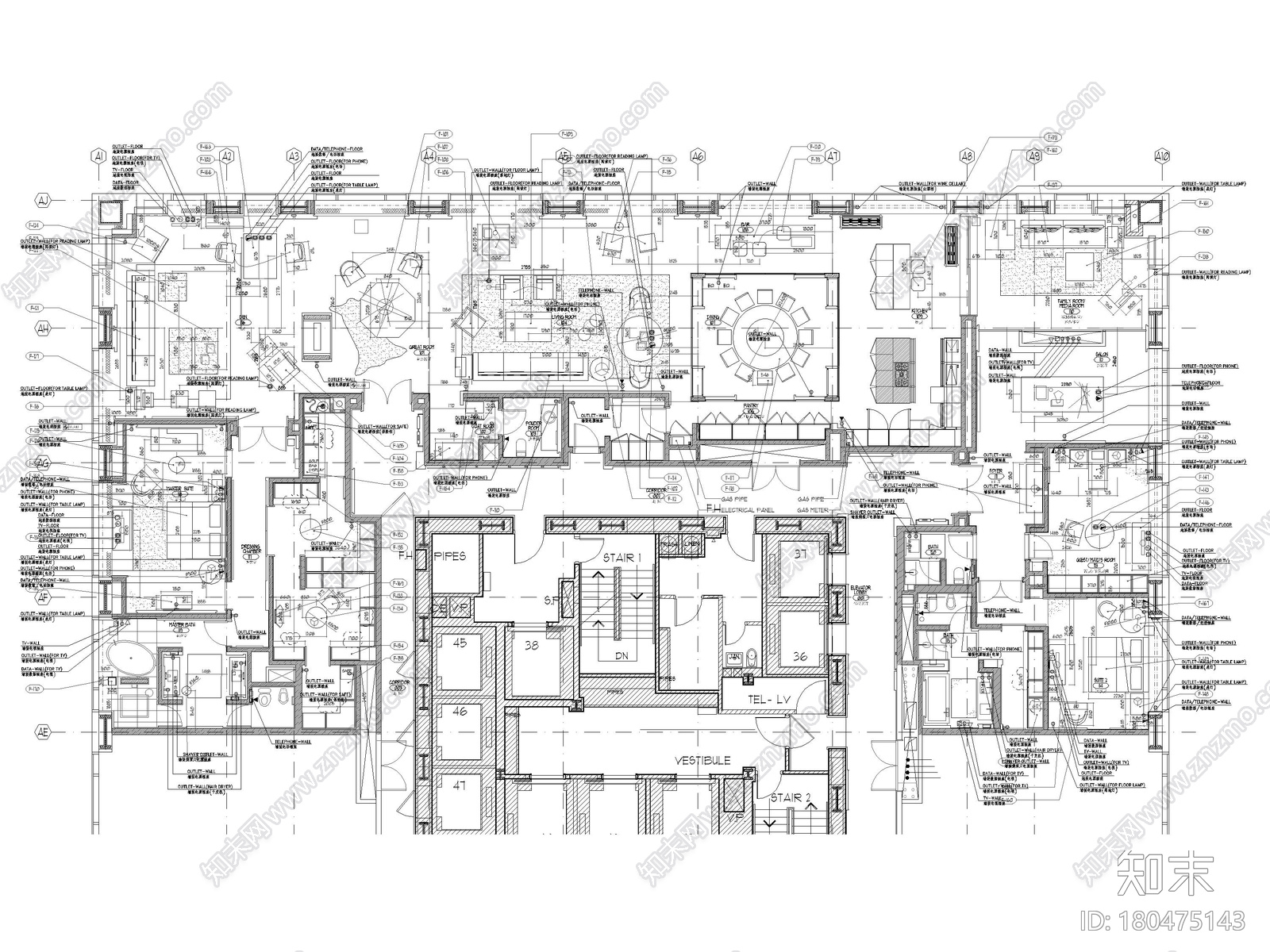 [​北京]银泰543㎡三居平层装修设计施工图施工图下载【ID:180475143】