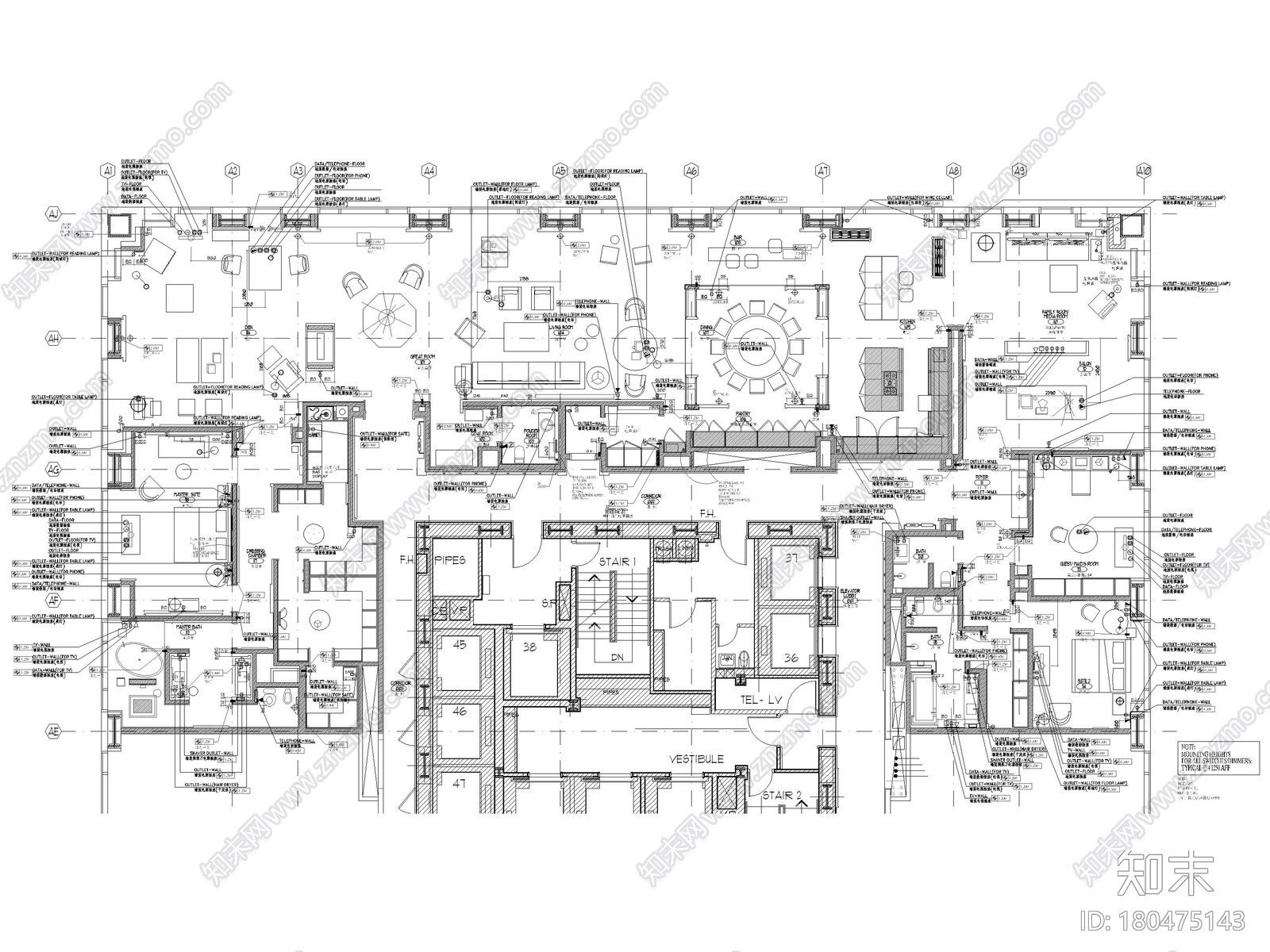 [​北京]银泰543㎡三居平层装修设计施工图施工图下载【ID:180475143】