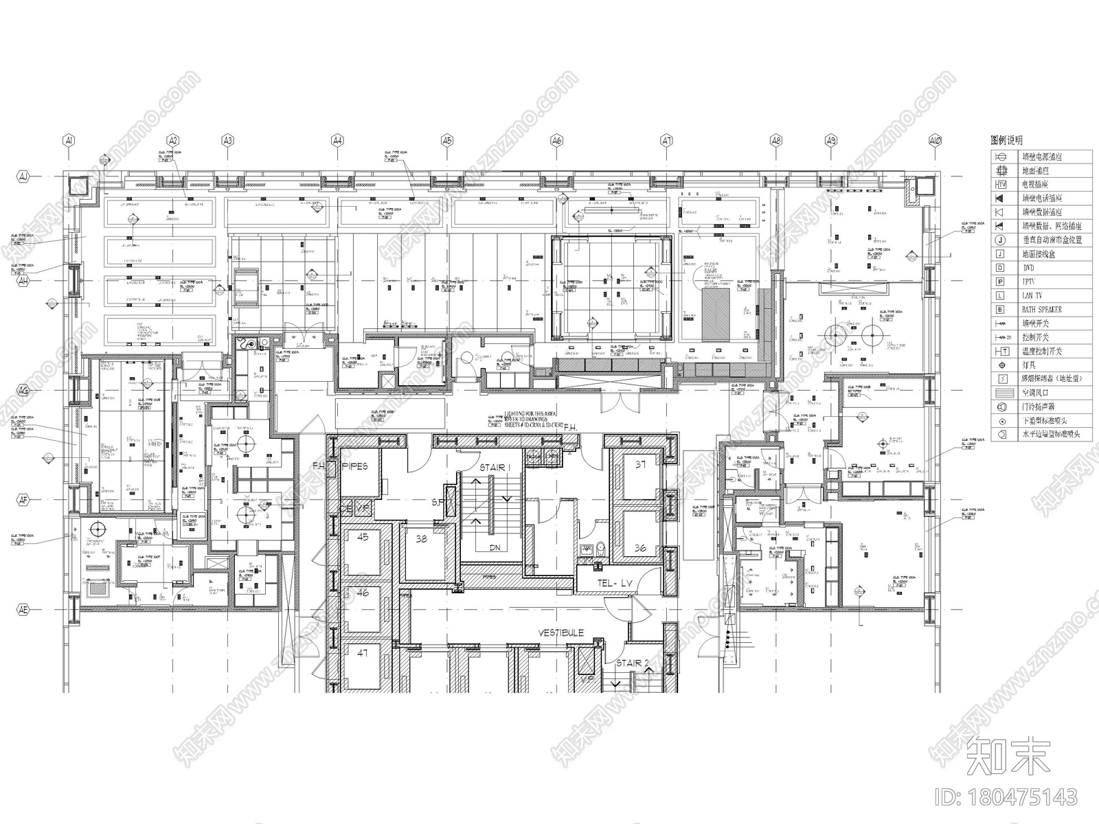 [​北京]银泰543㎡三居平层装修设计施工图施工图下载【ID:180475143】