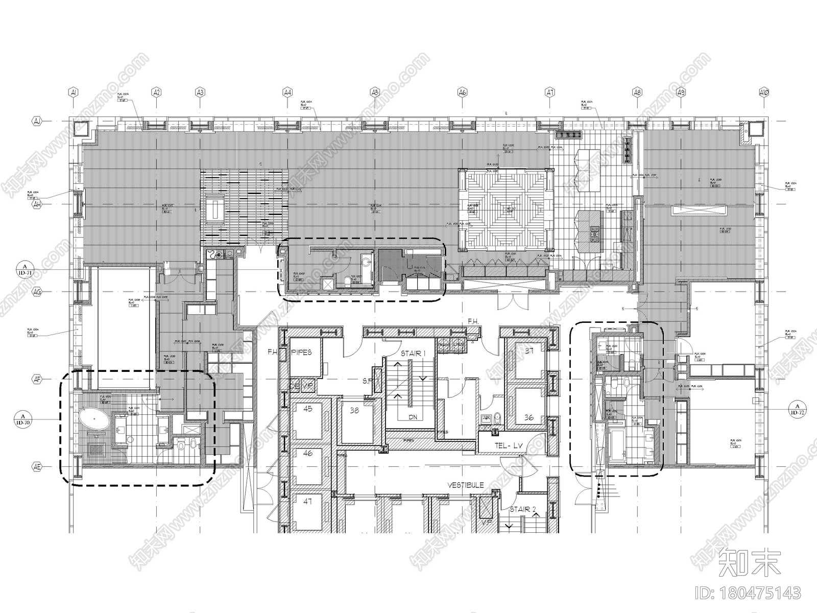 [​北京]银泰543㎡三居平层装修设计施工图施工图下载【ID:180475143】