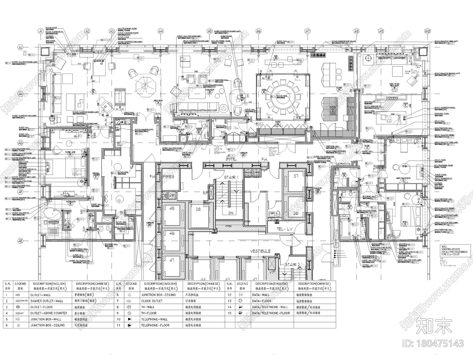 [​北京]银泰543㎡三居平层装修设计施工图施工图下载【ID:180475143】