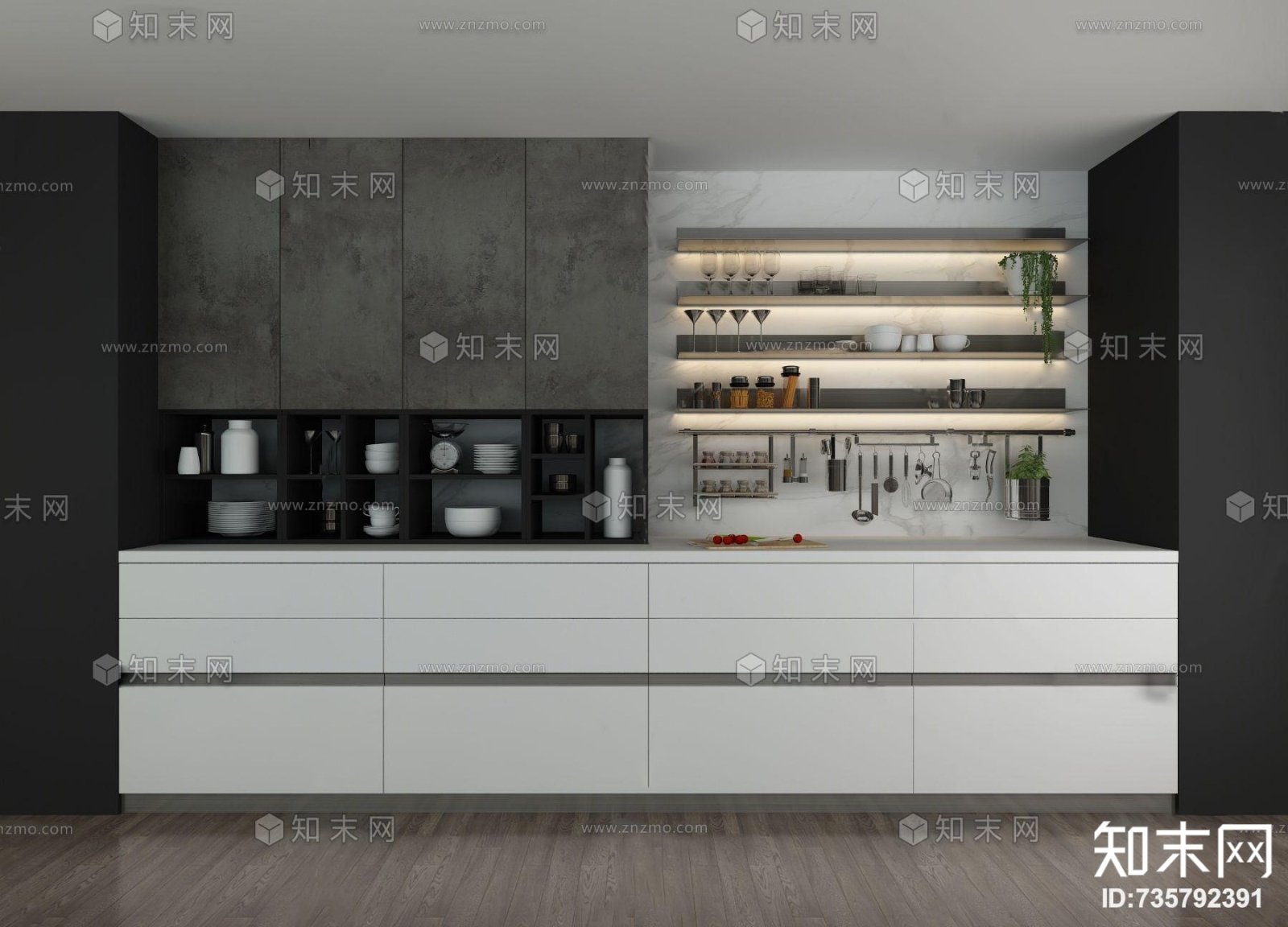 现代简约厨房3D模型下载【ID:735792391】