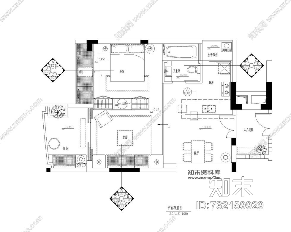 李益中--三亚时代海岸单身公寓现代风格A-2样板房cad施工图含效果图施工图下载【ID:732159929】