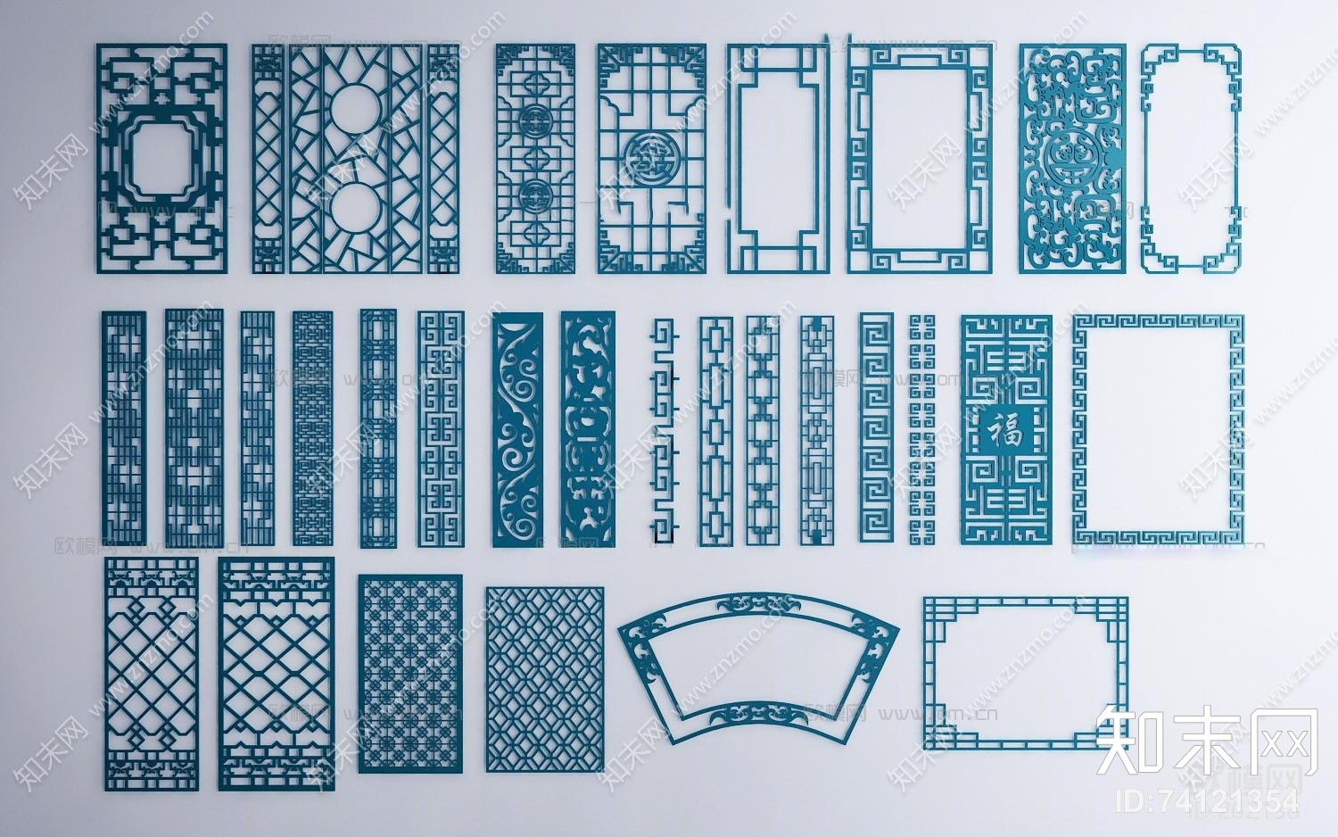 中式实木门窗花格组合3D模型下载【ID:74121354】