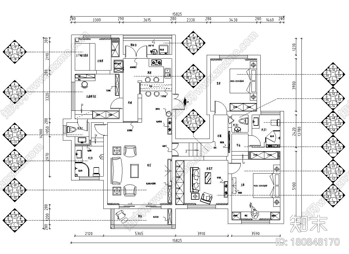 地中海风格四室两厅住宅装修施工图设计cad施工图下载【ID:180848170】