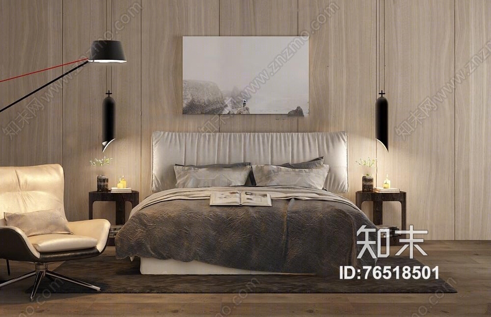 现代双人床吊灯休闲椅组合3D模型下载【ID:76518501】