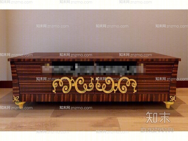 欧式新古典棕色长方形木艺电视柜3D模型下载【ID:92795100】