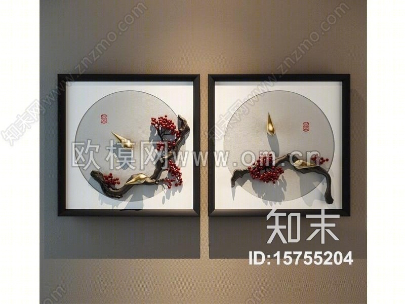 中式立体干枝小鸟装饰挂画组合3D模型下载【ID:15755204】