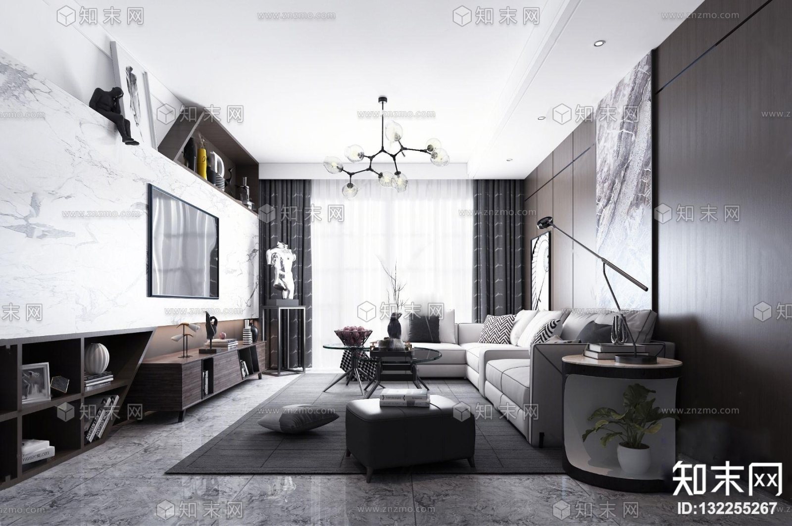 现代轻奢客厅3D模型下载【ID:132255267】