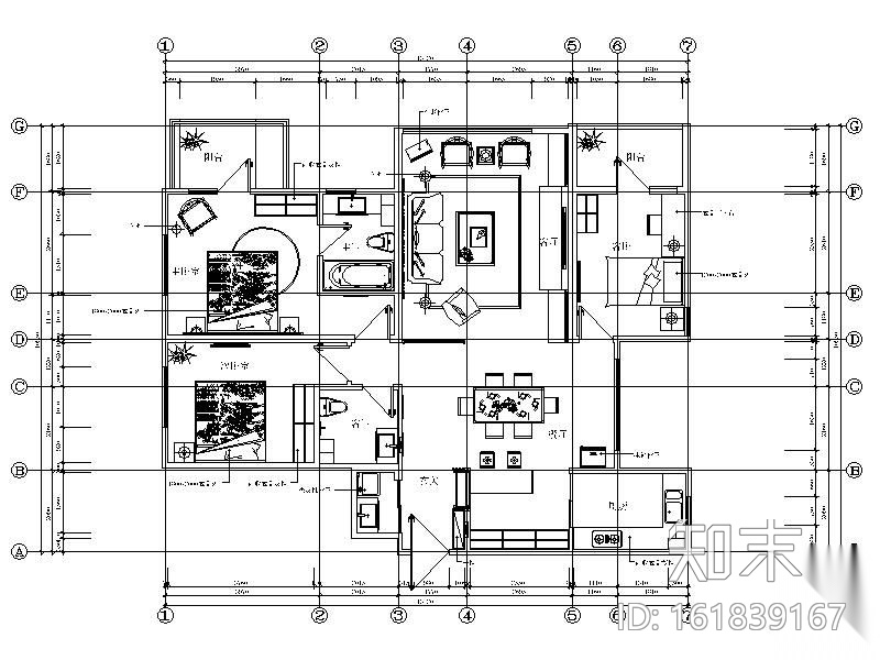 西海岸三室两厅家装设计施工图（含效果图）cad施工图下载【ID:161839167】