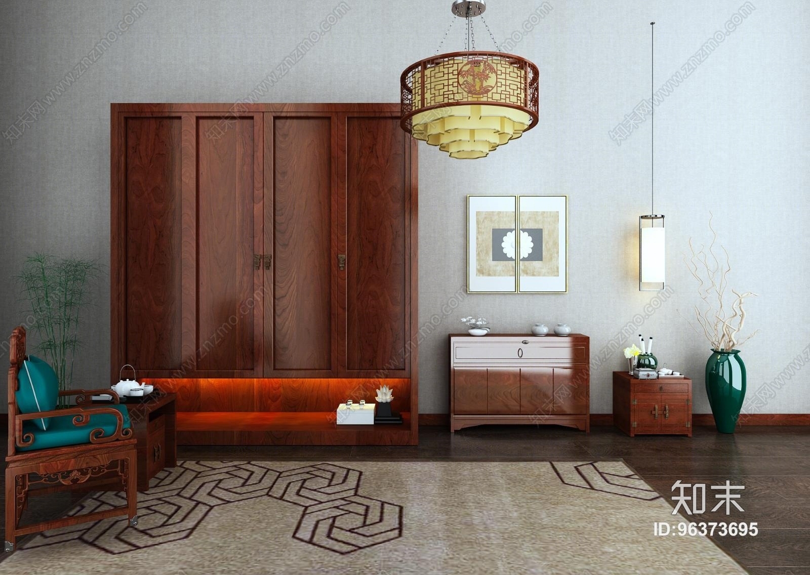 中式衣柜电视柜组合3D模型下载【ID:96373695】