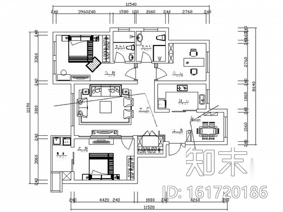 简欧风格三居室装修图（含效果）施工图下载【ID:161720186】