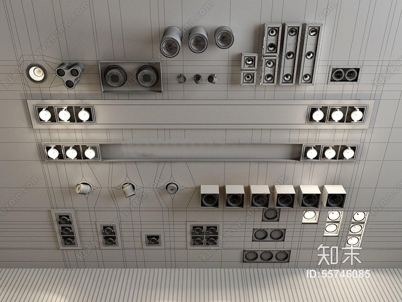 现代方形圆形筒灯组合3D模型下载【ID:55746085】