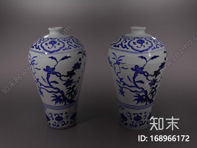 青花瓷，一个青花瓷的瓶子，有UV，一个塌陷了，一个没有塌陷CG模型下载【ID:168966172】