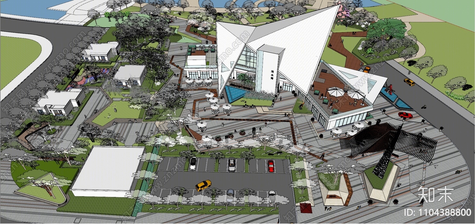 现代异形展示中心建筑及广场景观设计SU模型下载【ID:1104388800】