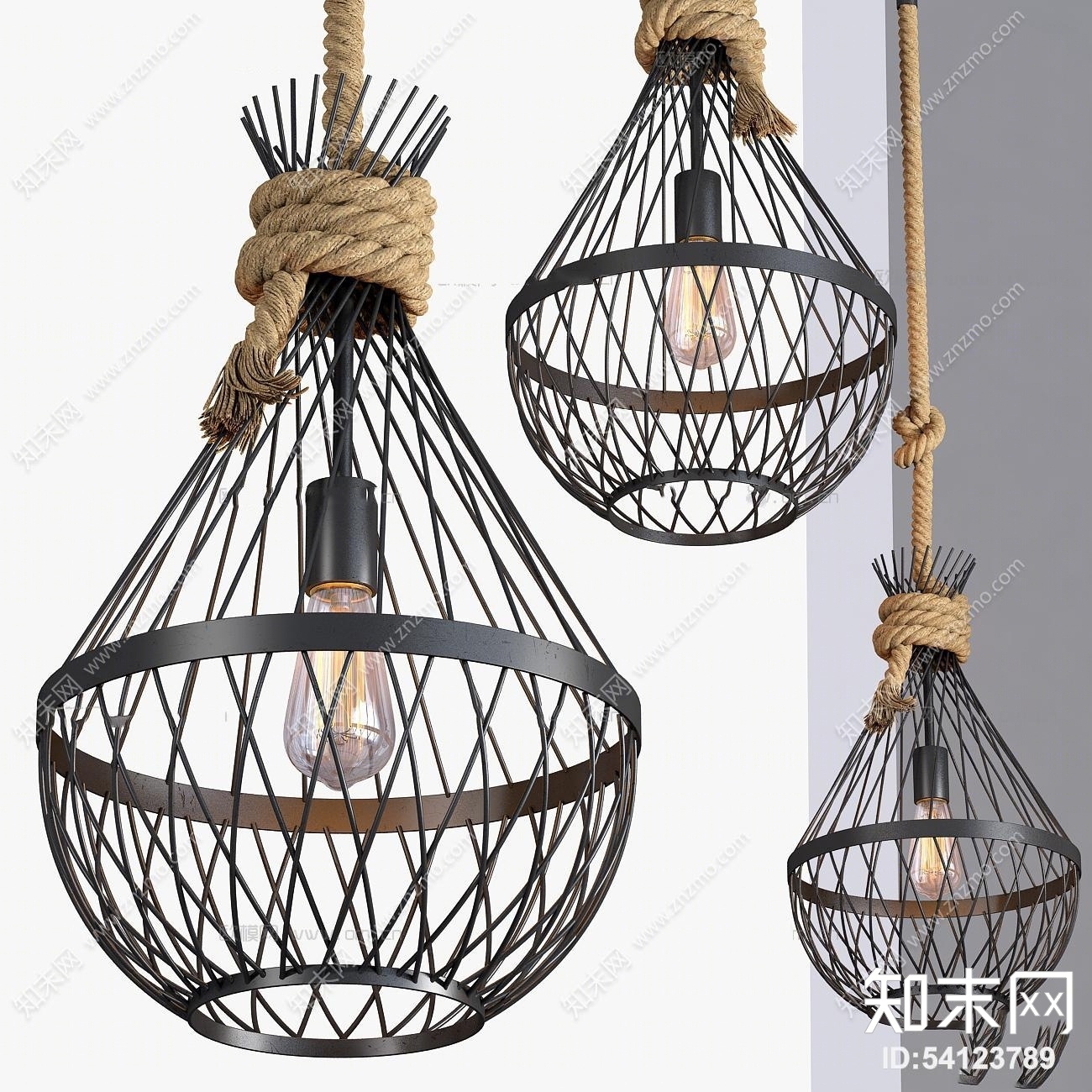 现代铁艺麻绳吊灯3D模型下载【ID:54123789】