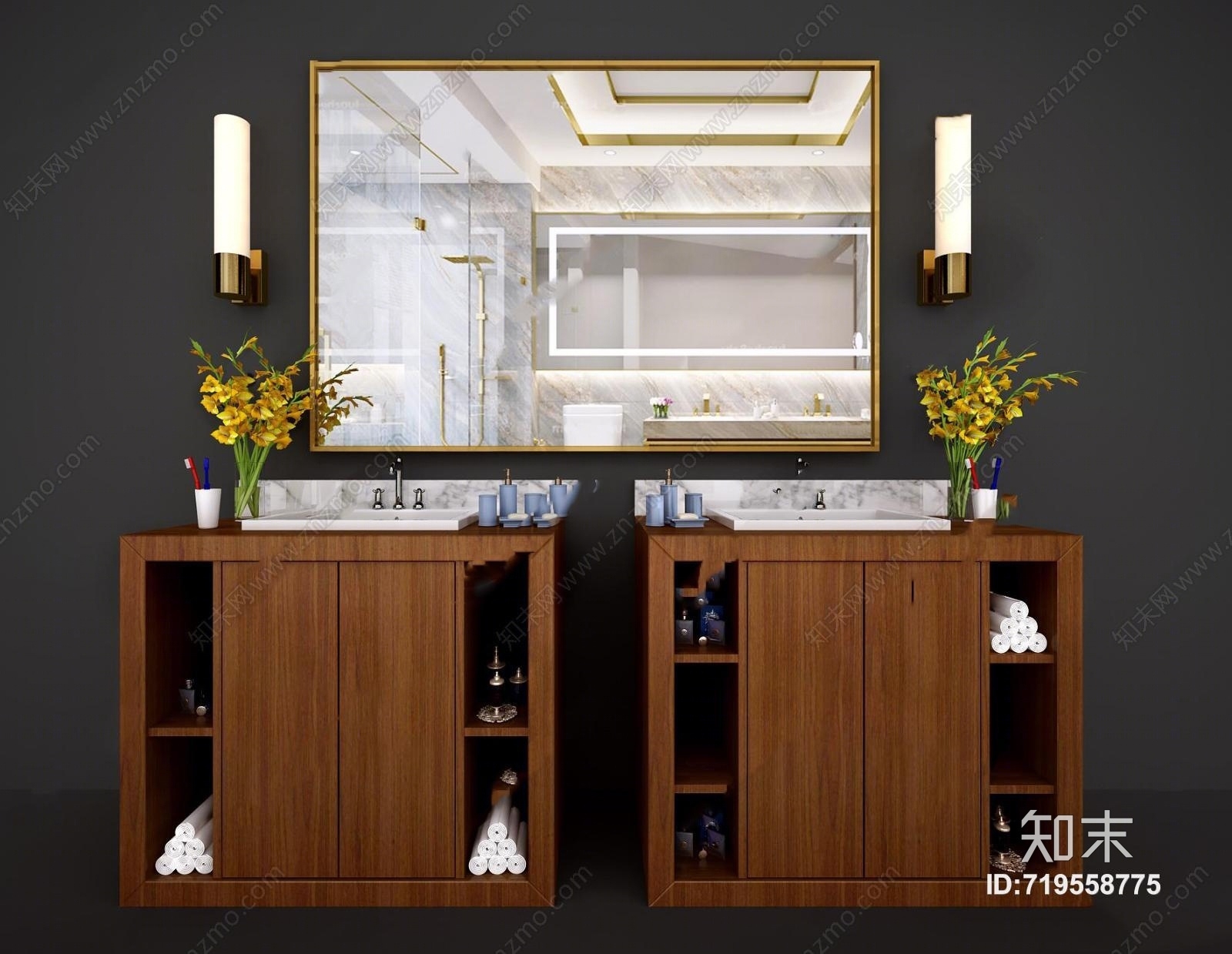 新中式洗手台盆镜子壁灯摆件组合3D模型下载【ID:719558775】