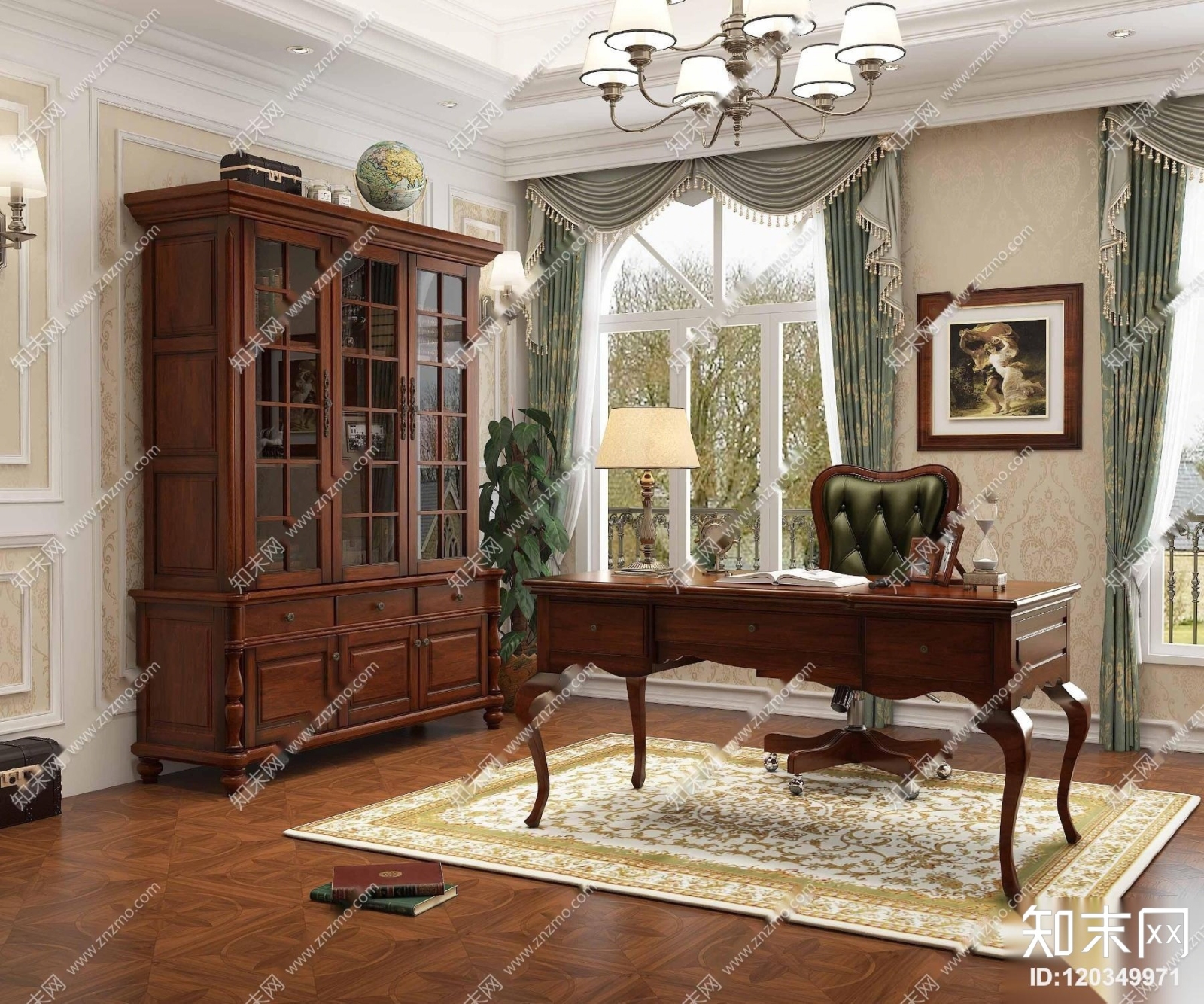 美式书桌椅书柜组合3D模型下载【ID:120349971】