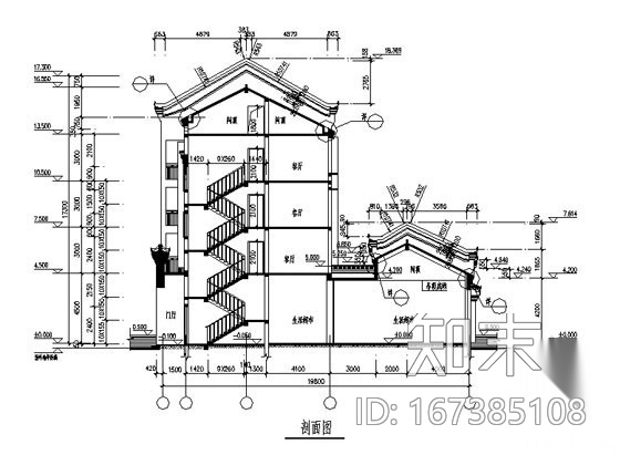 某四层古建筑民居建筑施工图cad施工图下载【ID:167385108】