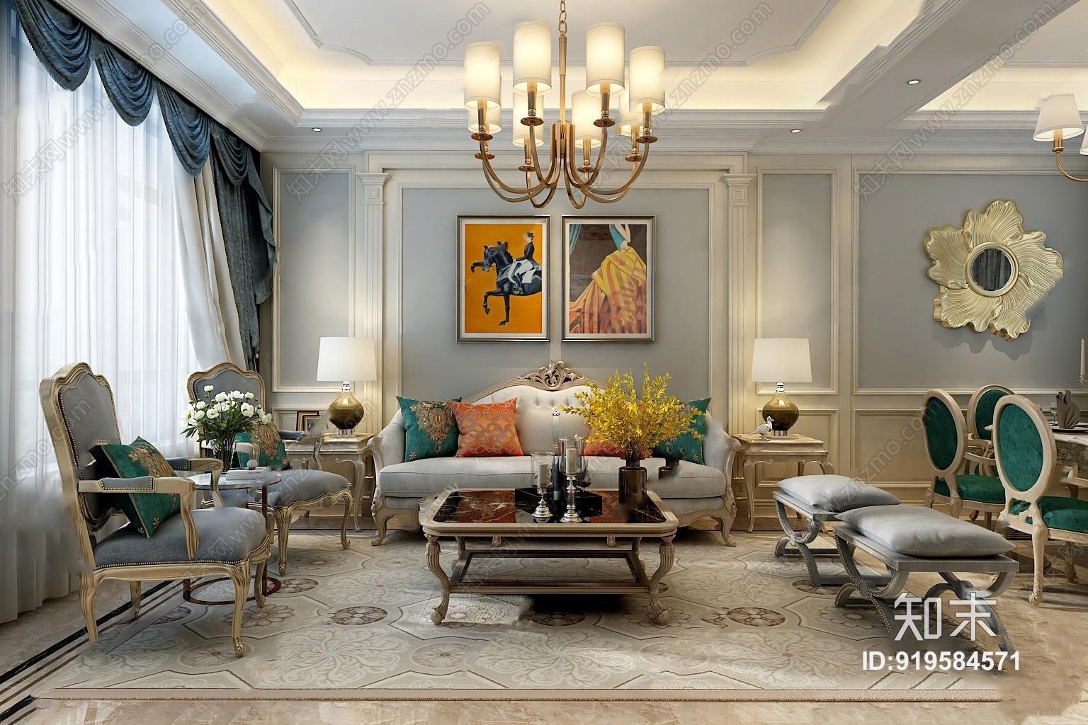欧式客厅餐厅3D模型下载【ID:919584571】