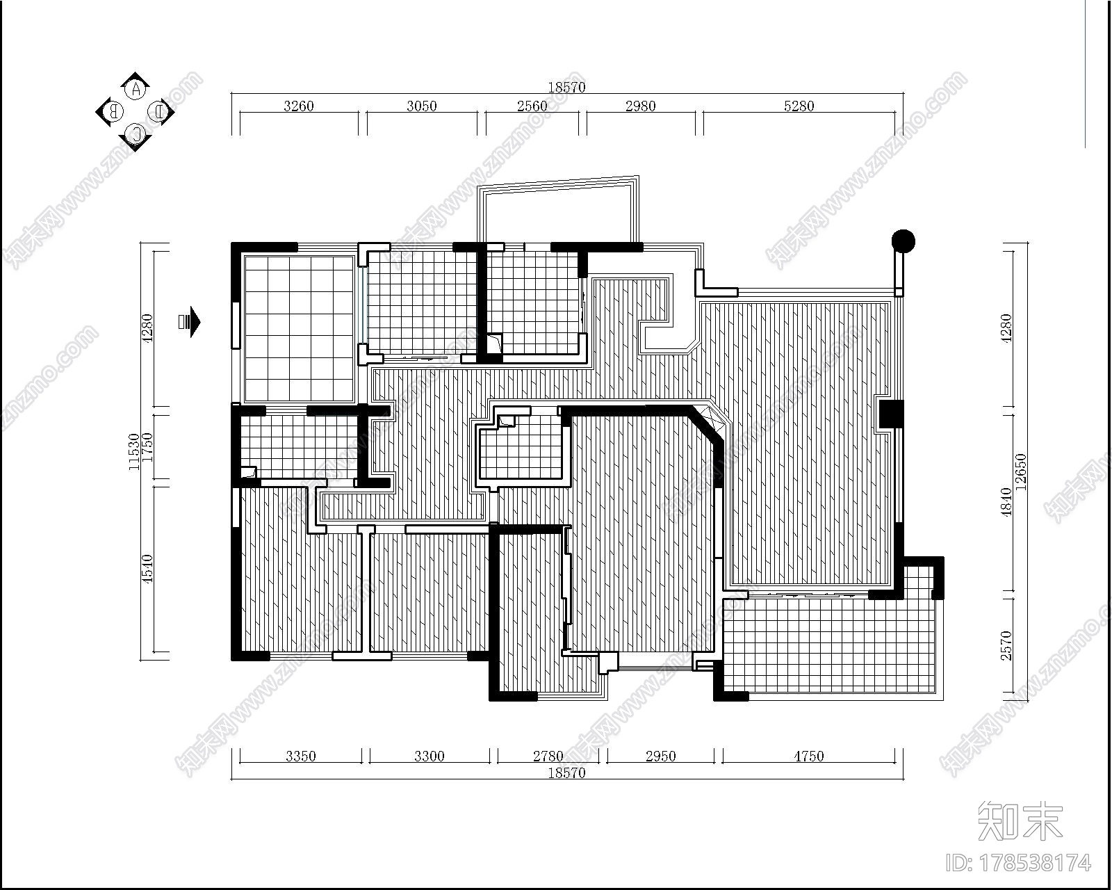 [成都]220㎡典雅中式风情五居室CAD装修施工图施工图下载【ID:178538174】