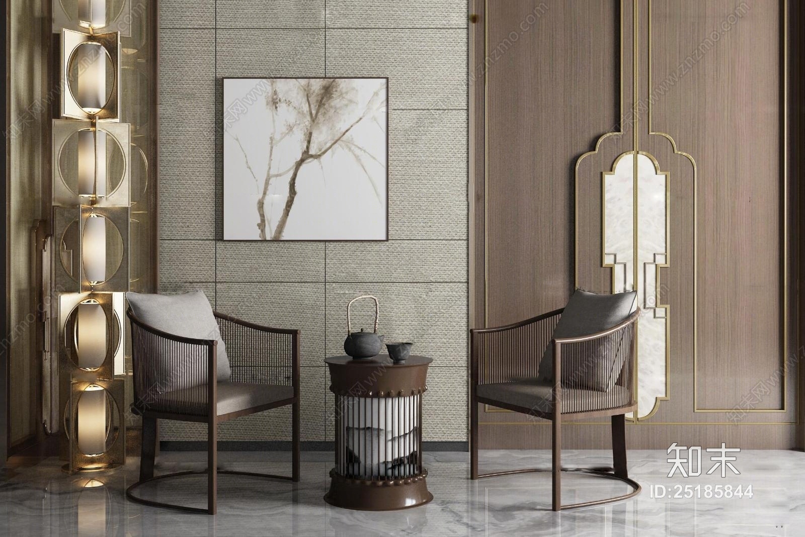 新中式实木休闲单椅茶几茶具装饰落地灯挂画3D模型下载【ID:25185844】
